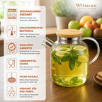 Wilmax Teekanne 1600 ml mit Federfilter und Bambusdeckel Transparent aus Thermoglas