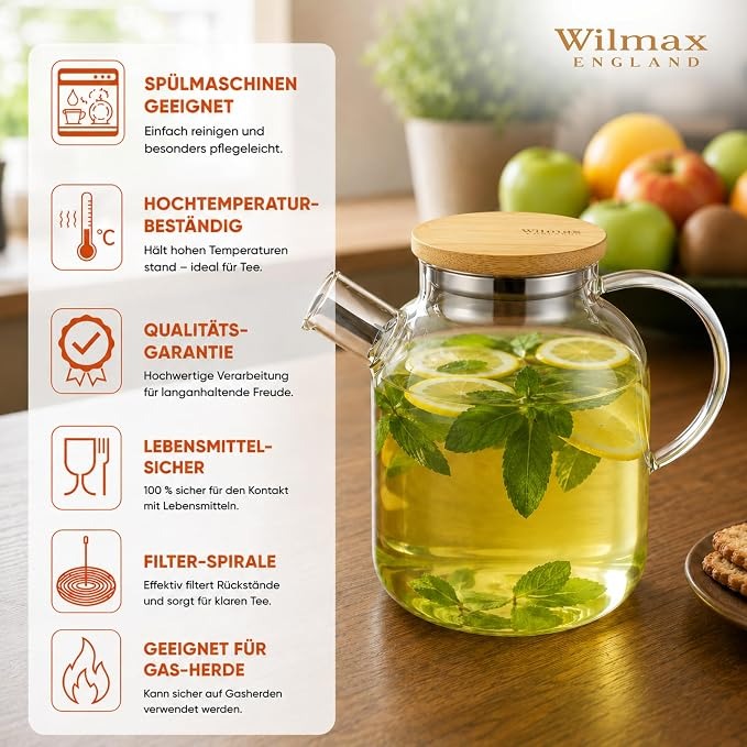 Wilmax Teekanne 1600 ml mit Federfilter und Bambusdeckel Transparent aus Thermoglas