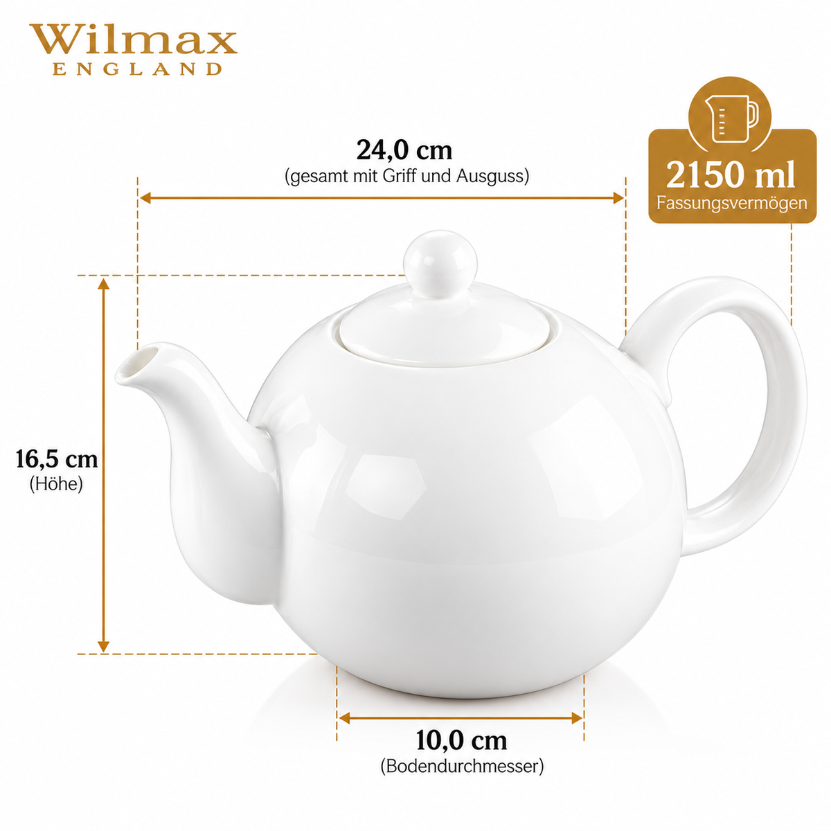 Wilmax Kaffee- und Teekanne mit integriertem Ausgusssieb 2150 ml Weiß aus Porzellan