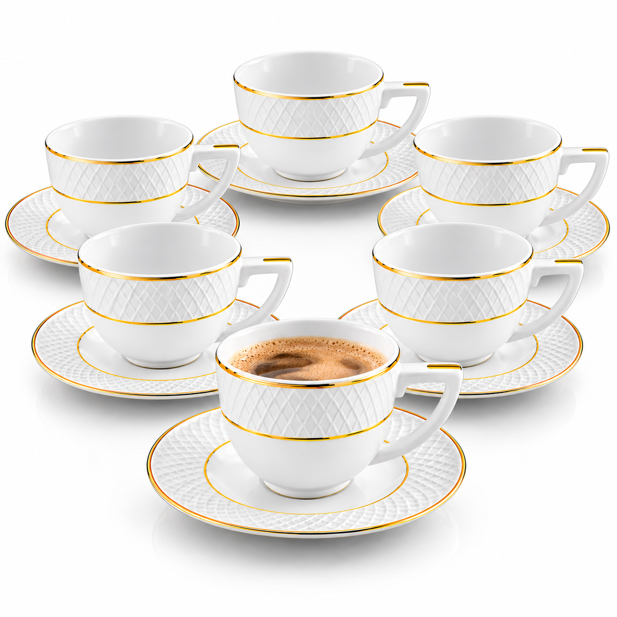 Wilmax Kaffeetasse mit Untertasse 90 ml 6er-Set Weiß mit goldfarbenem Dekor aus Porzellan