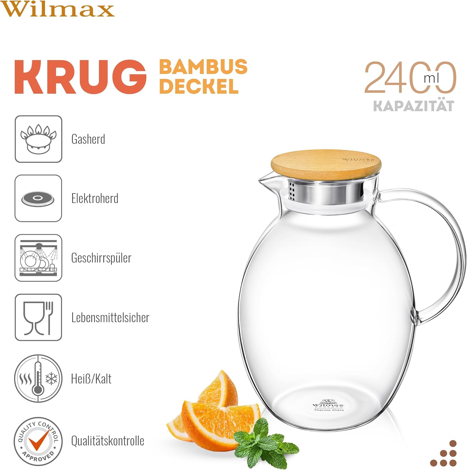 Wilmax Krug 1000 ml mit Edelstahldeckel und Filter Transparent aus Thermoglas