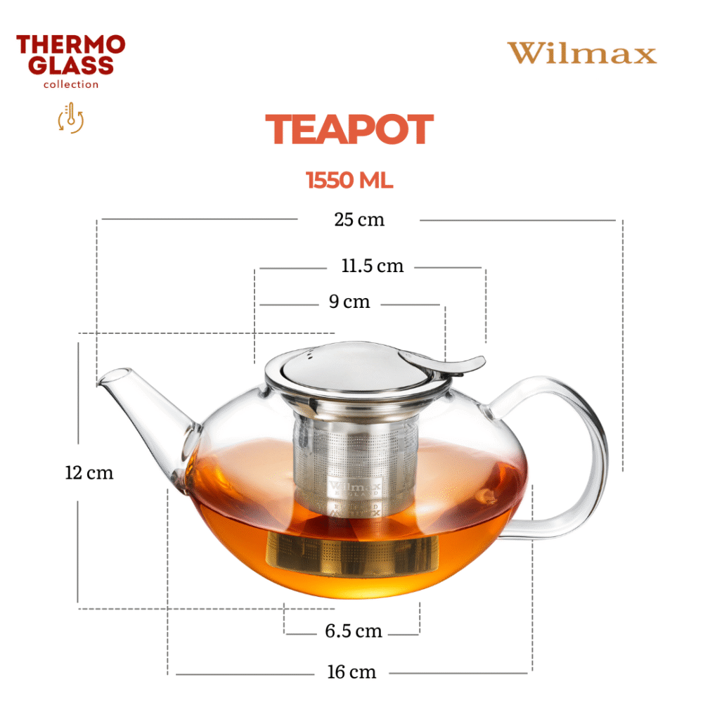 Wilmax Teekanne 1550 ml Thermoglas Edelstahlfilter WL-888806/A