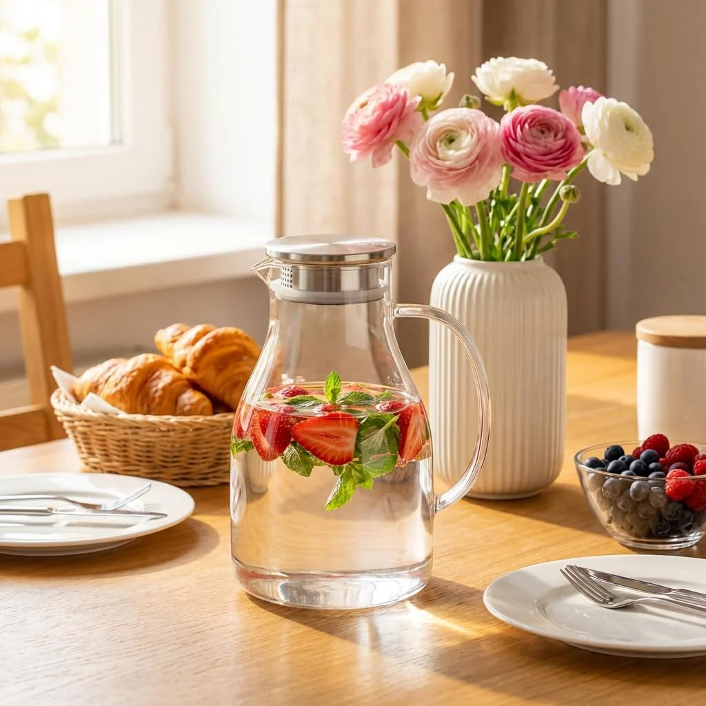 Wilmax Getränkeset 7-teilig mit Krug 2500 ml mit Edelstahldeckel und Filter und 6 gehämmerte Trinkgläser 450 ml