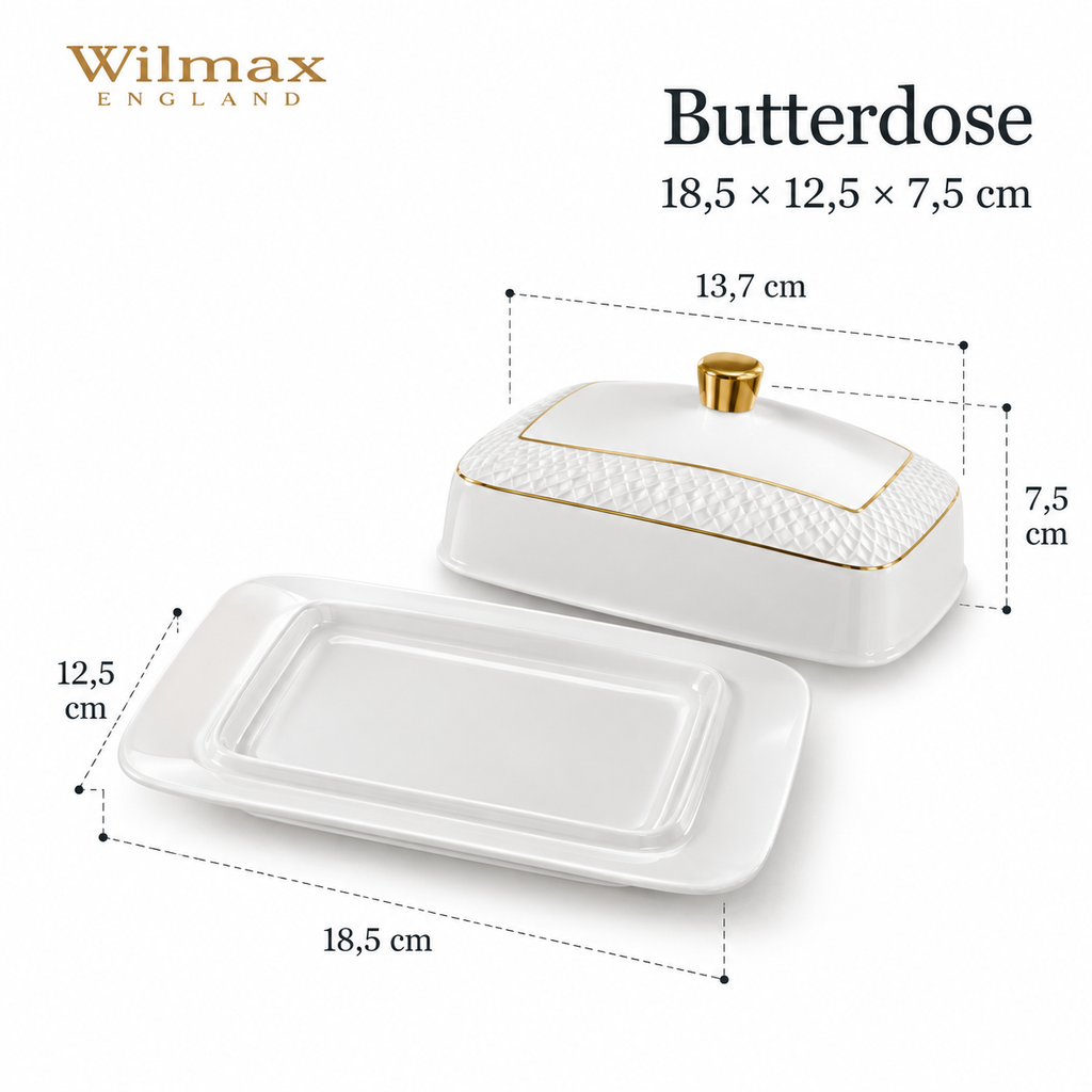Wilmax Butterdose 18,5 × 12,5 × 7,5 cm Weiß mit Goldrand aus Porzellan