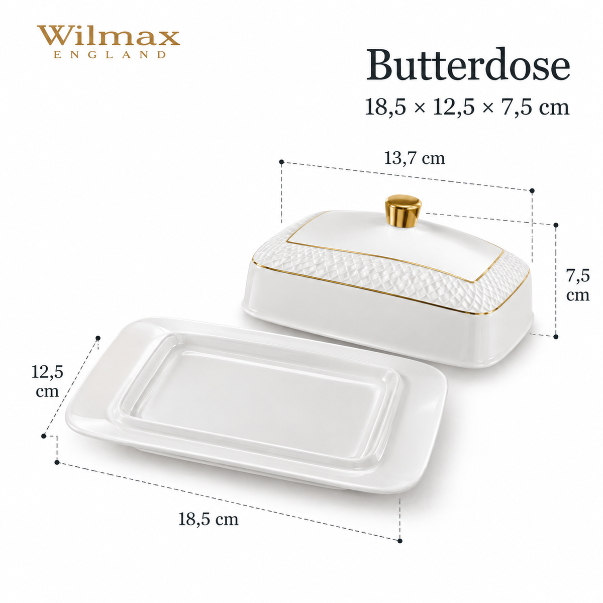 Wilmax Butterdose 18,5 × 12,5 × 7,5 cm Weiß mit Goldrand aus Porzellan