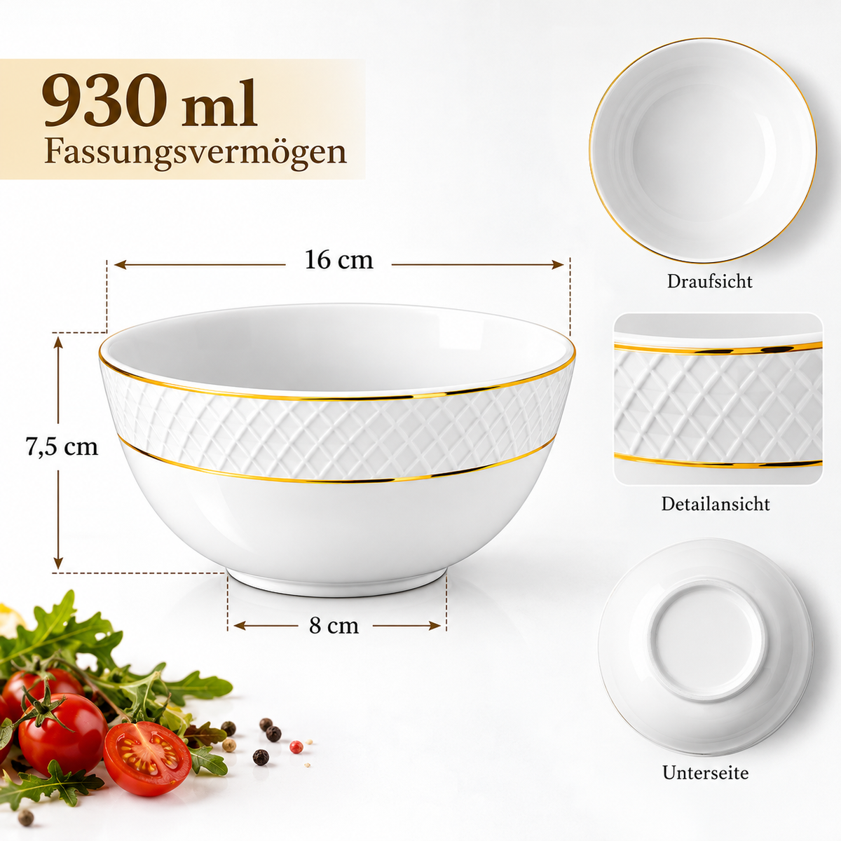 Wilmax Schale 930 ml 16 cm 6er-Set Weiß mit Goldrand aus Porzellan