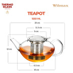 Wilmax Teekanne 1550 ml mit Edelstahlfilter Transparent aus Thermoglas