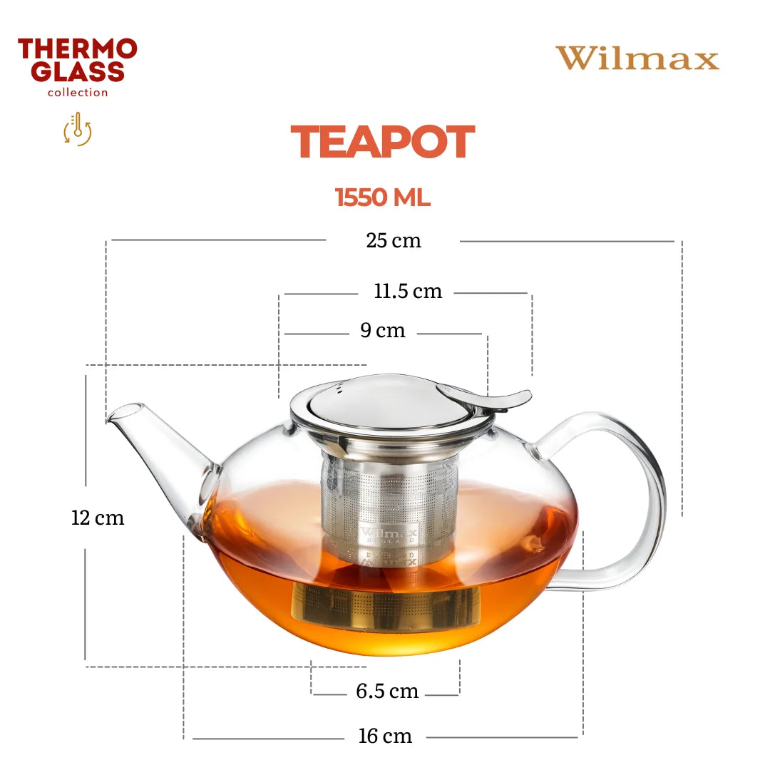 Wilmax Teekanne 1550 ml mit Edelstahlfilter Transparent aus Thermoglas