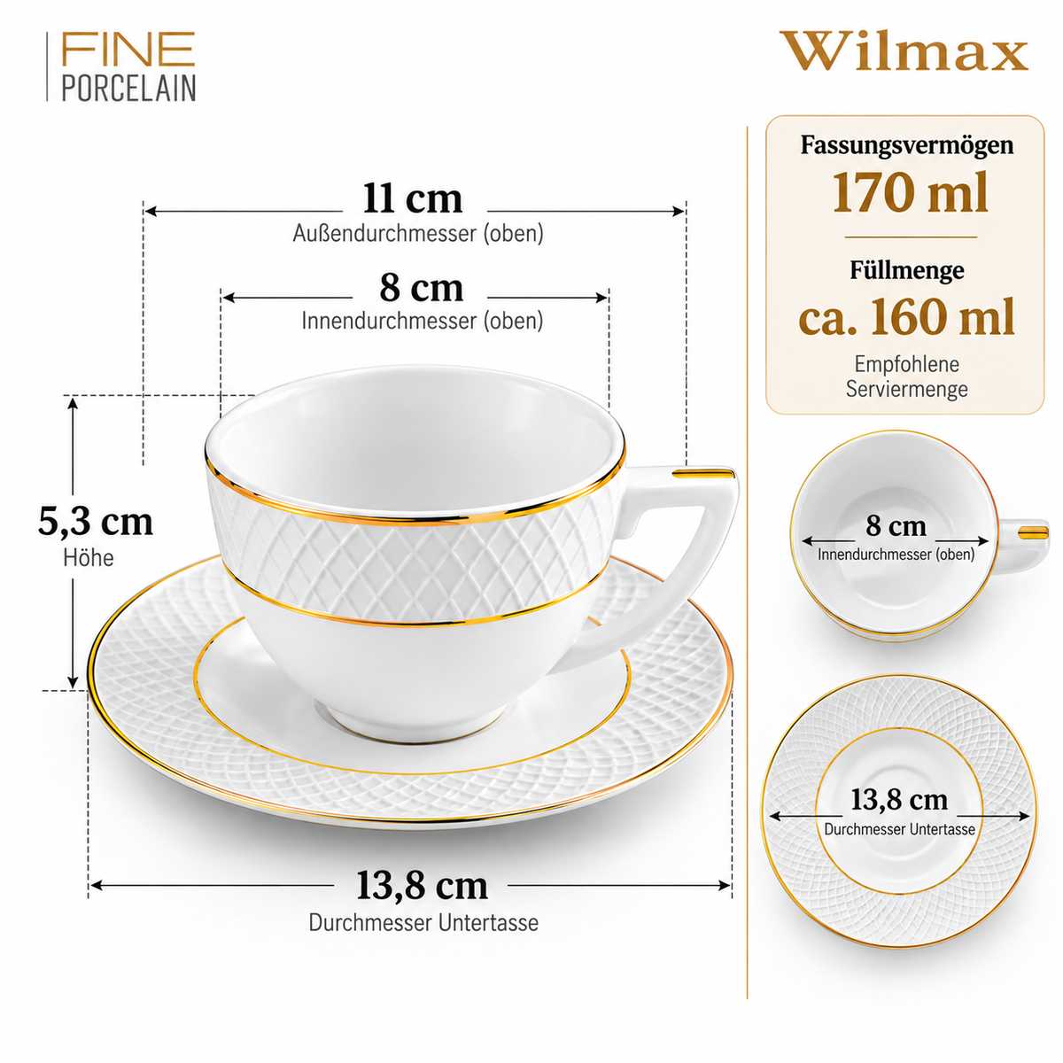 Wilmax Cappuccinotasse mit Untertasse 170 ml 2er-Set Weiß mit goldfarbenem Dekor aus Porzellan
