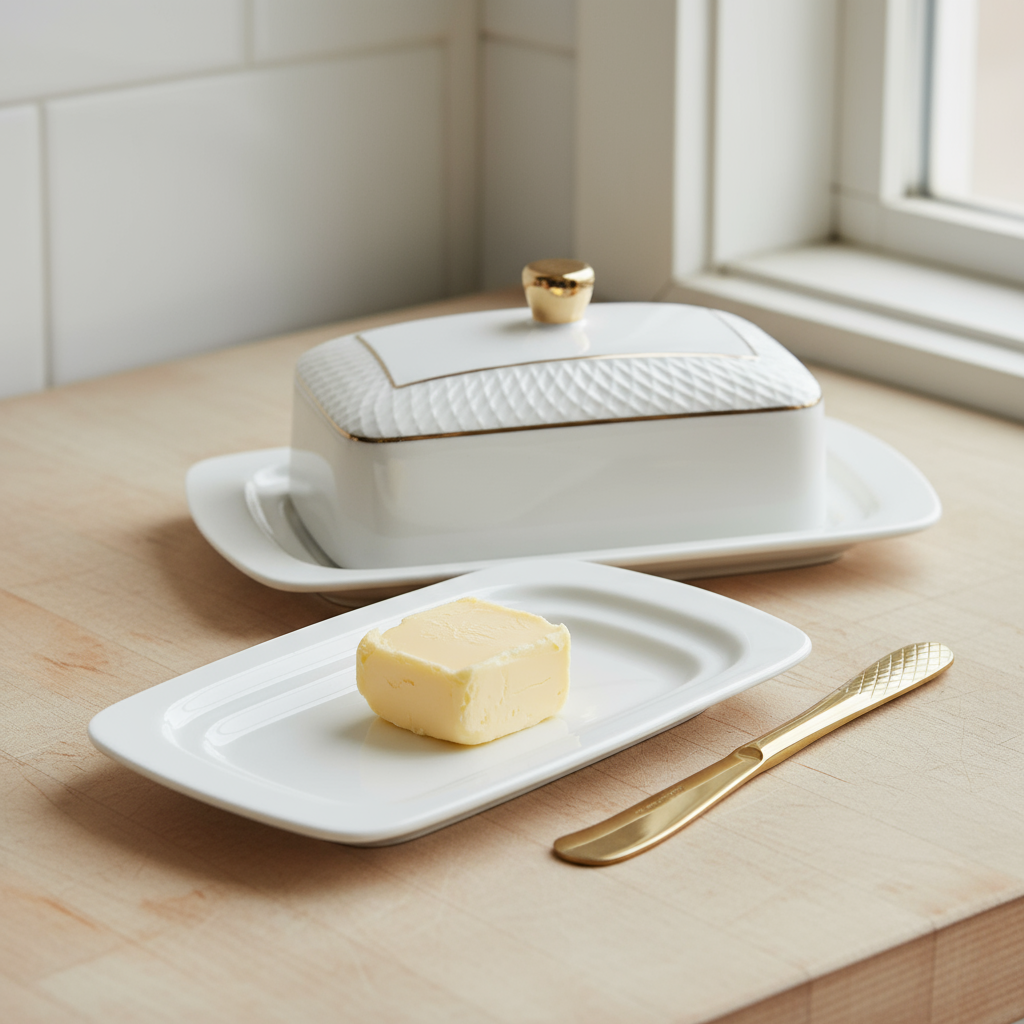 Wilmax Butterdose 18,5 × 12,5 × 7,5 cm Weiß mit Goldrand aus Porzellan