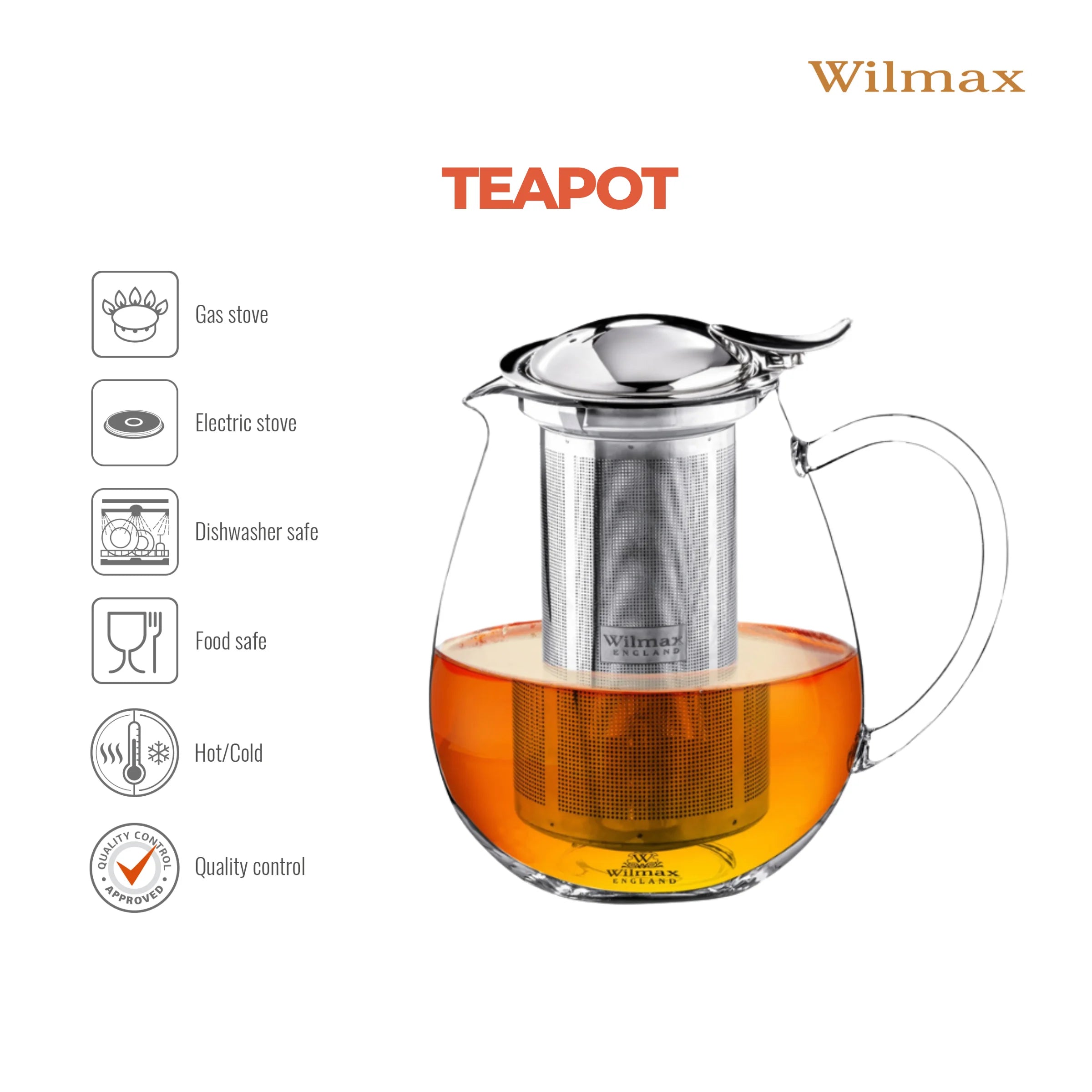 Wilmax Teekanne 1300 ml mit Edelstahlfilter Transparent aus Thermoglas