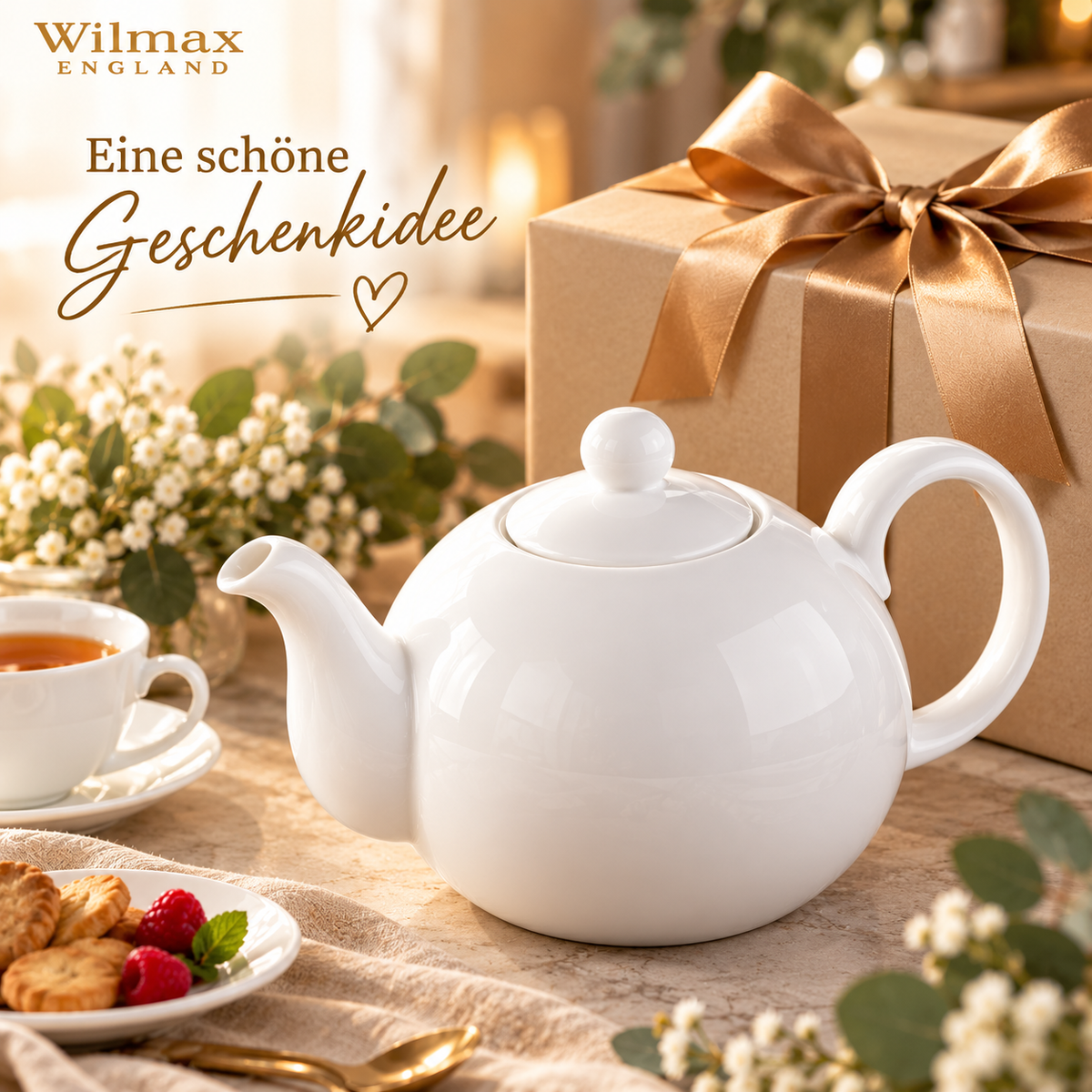 Wilmax Kaffee- und Teekanne mit integriertem Ausgusssieb 2150 ml Weiß aus Porzellan