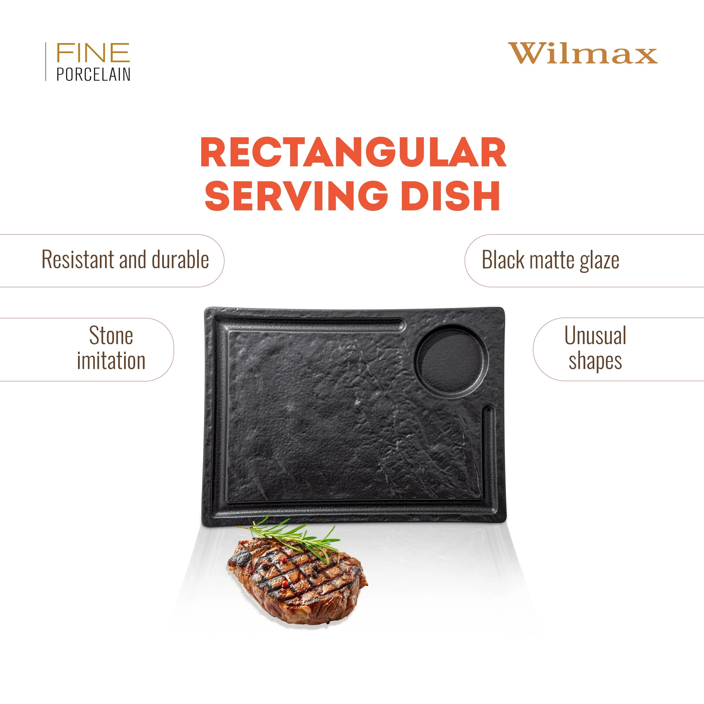 Wilmax Rechteckiger Servierteller 32,5 × 23 cm Schwarz aus Porzellan