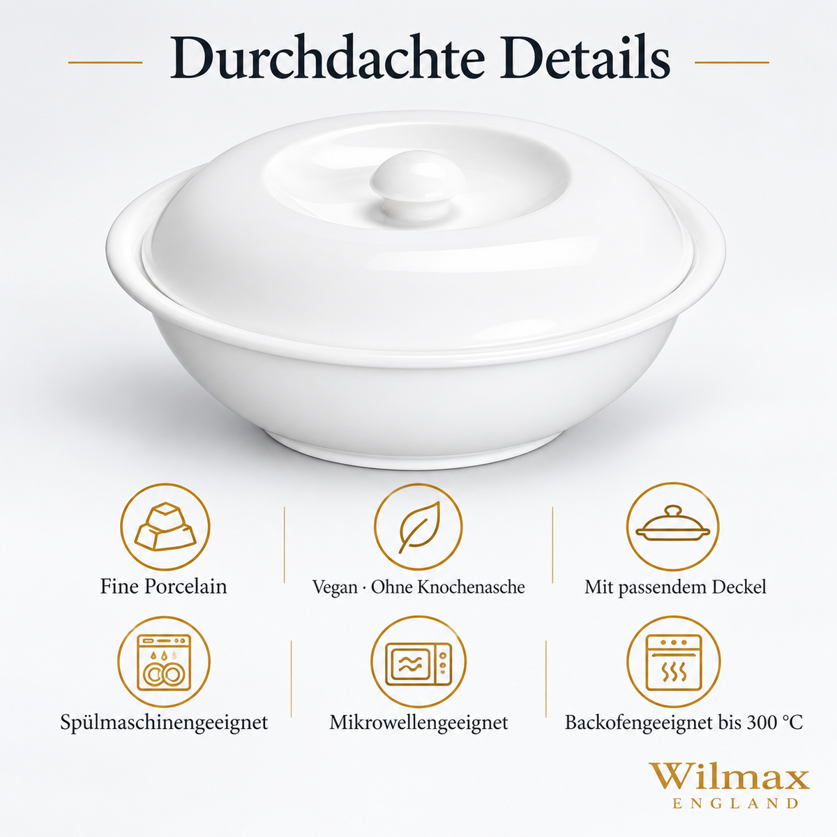 Wilmax Suppenterrine mit Deckel 1700 ml 26 cm Weiß aus Porzellan
