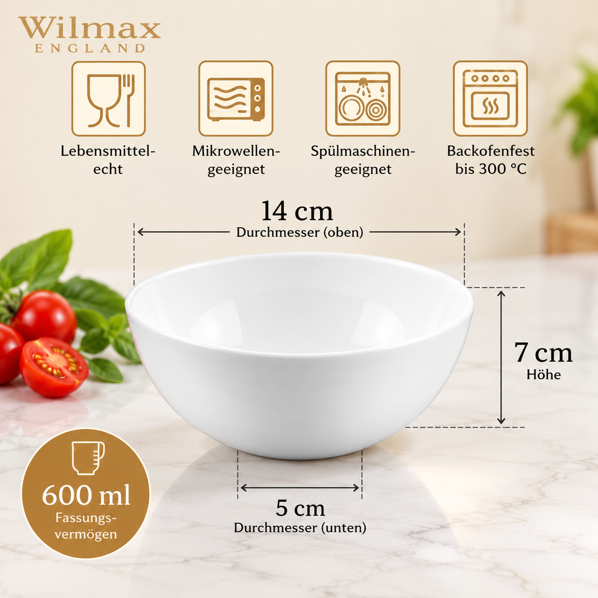 Wilmax Schale 14 cm 600 ml 6er-Set Weiß aus Porzellan