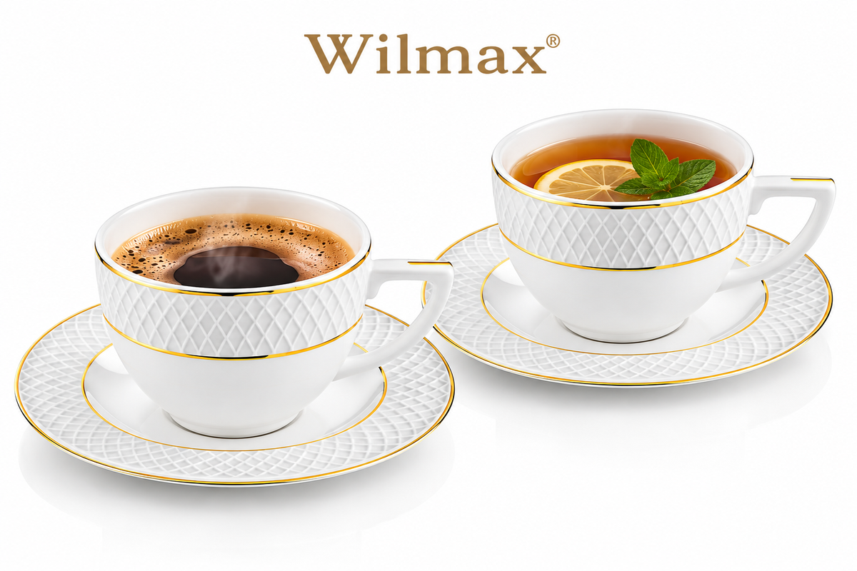 Wilmax Tasse mit Untertasse 240 ml 2er-Set Weiß mit goldfarbenem Dekor aus Porzellan