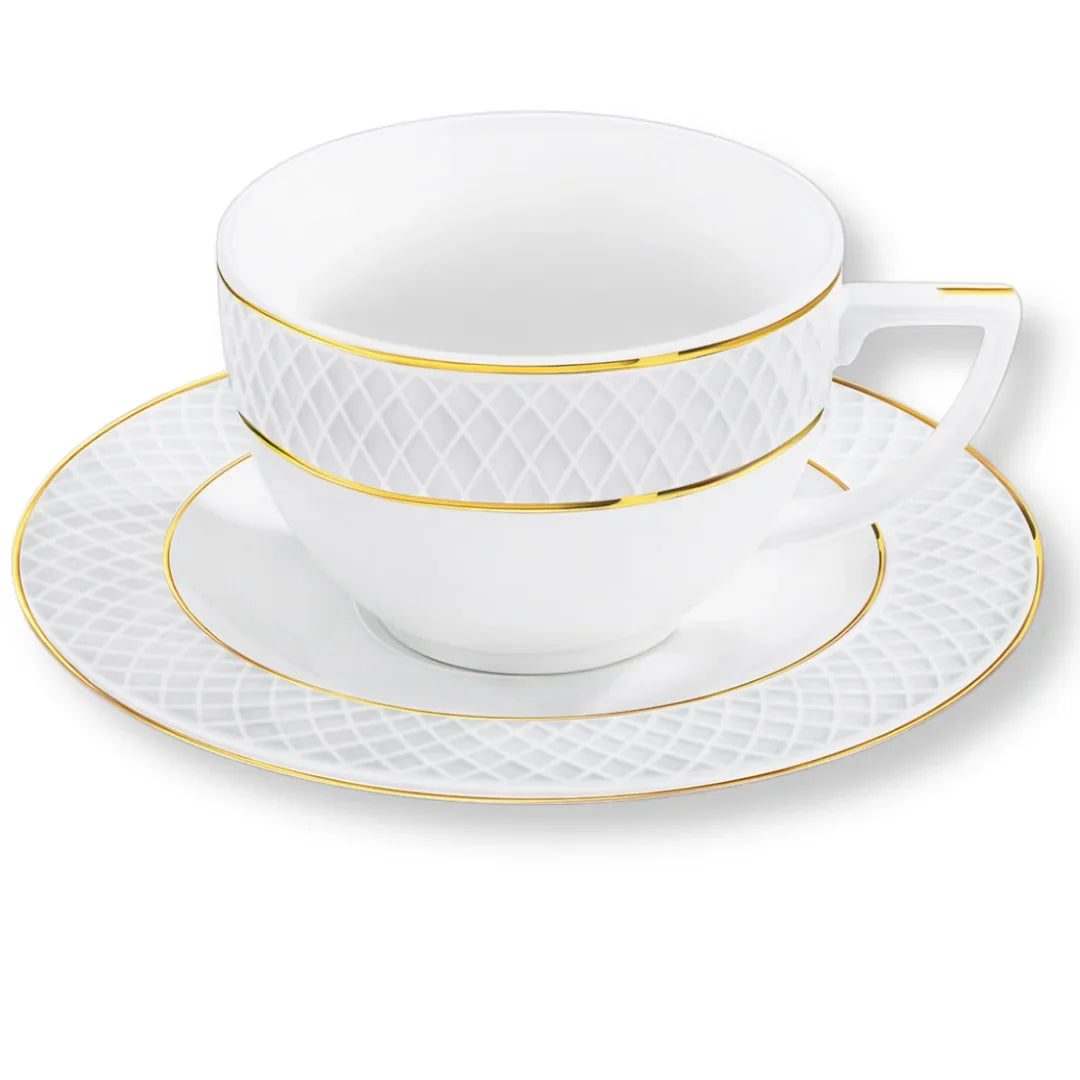 Wilmax Tasse mit Untertasse 240 ml 4er-Set Weiß mit goldfarbenem Dekor aus Porzellan