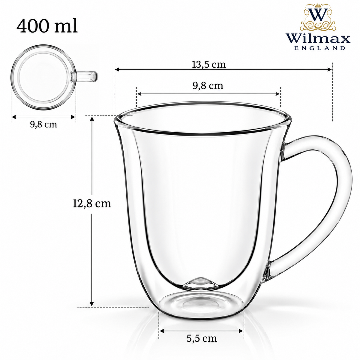 Wilmax Doppelwandiger Becher 400 ml 4er-Set Transparent