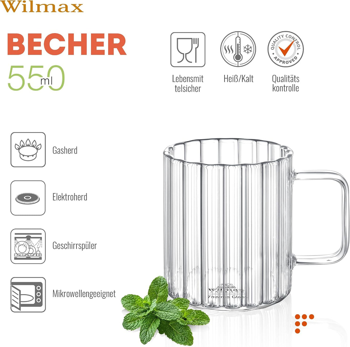 Wilmax Hitzebeständiger Glasbecher mit Henkel 550 ml 6er-Set aus Glas