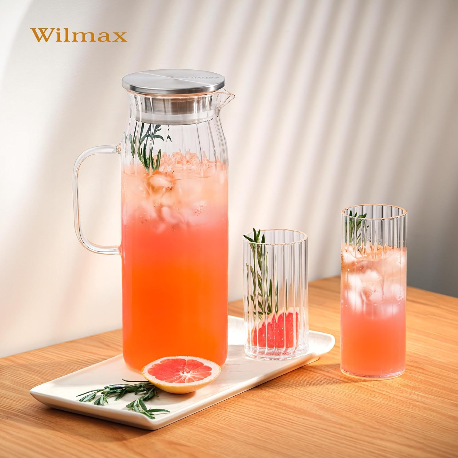 Wilmax Krug 1500 ml mit Edelstahldeckel Transparent aus Thermoglas