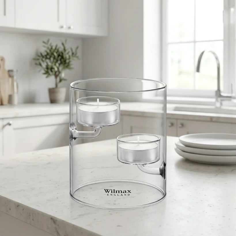 Wilmax Teelichthalter für 2 Teelichter 12 cm Transparent aus Glas