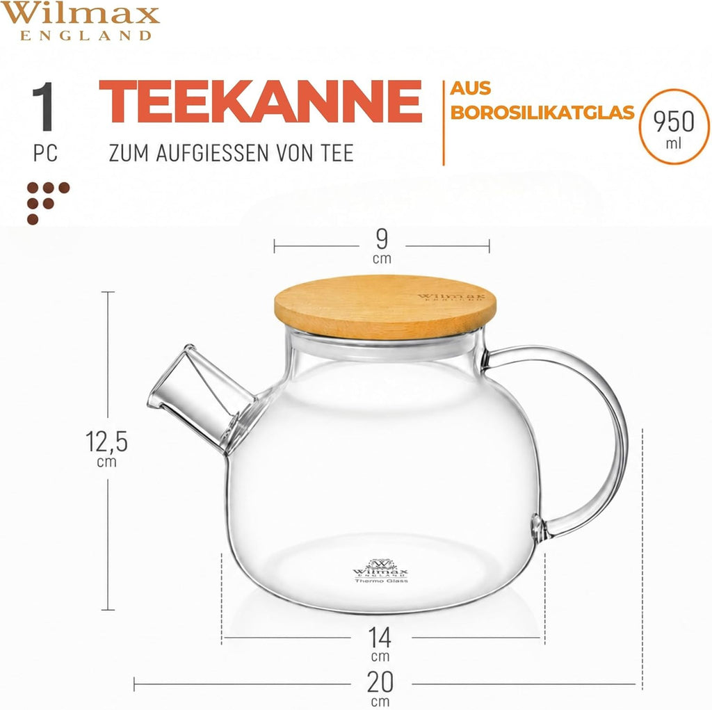 Wilmax Teekanne 950 ml mit Federfilter und Bambusdeckel Transparent aus Thermoglas
