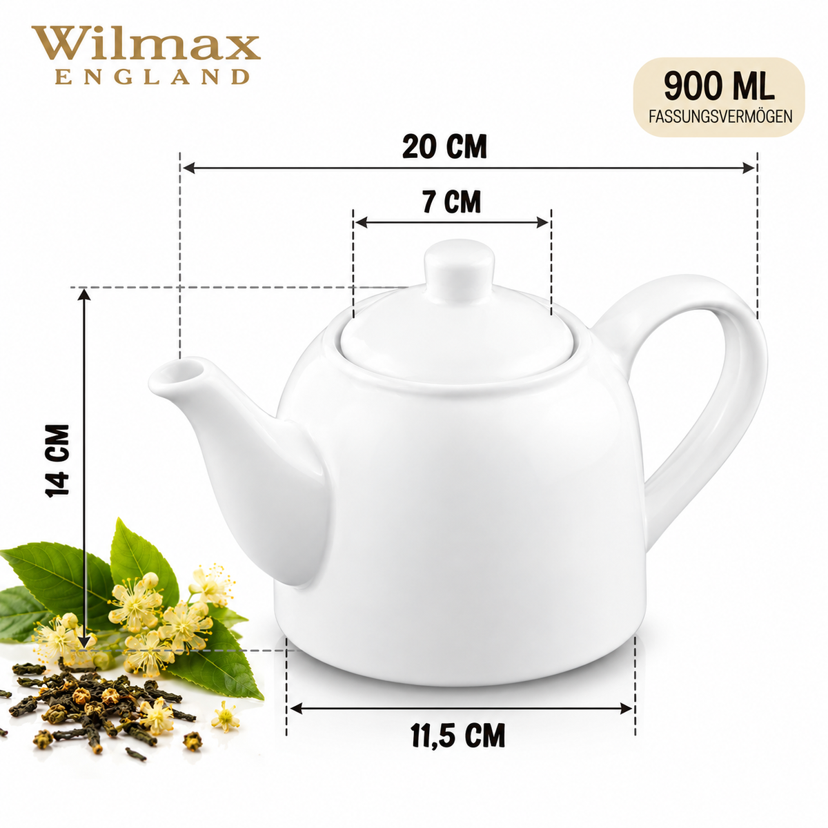Wilmax Kaffee- und Teekanne mit integriertem Ausgusssieb 900 ml Weiß aus Porzellan