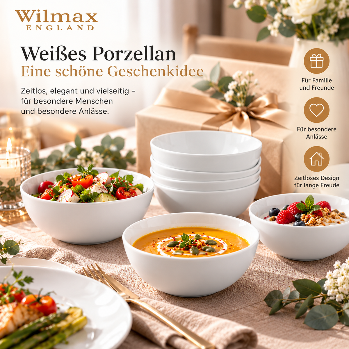 Wilmax Schale 14 cm 600 ml 2er-Set Weiß aus Porzellan