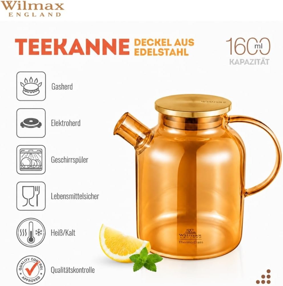 Wilmax Teekanne 1600 ml mit Federfilter und mit Edelstahldeckel Gold aus Thermoglas