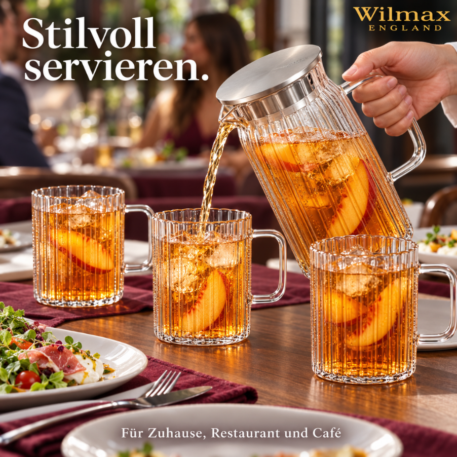 Wilmax Getränkeset 7-teilig mit Krug 1000 ml mit Edelstahldeckel und 6 hitzebeständige Glasbecher mit Henkel 300 ml aus Glas