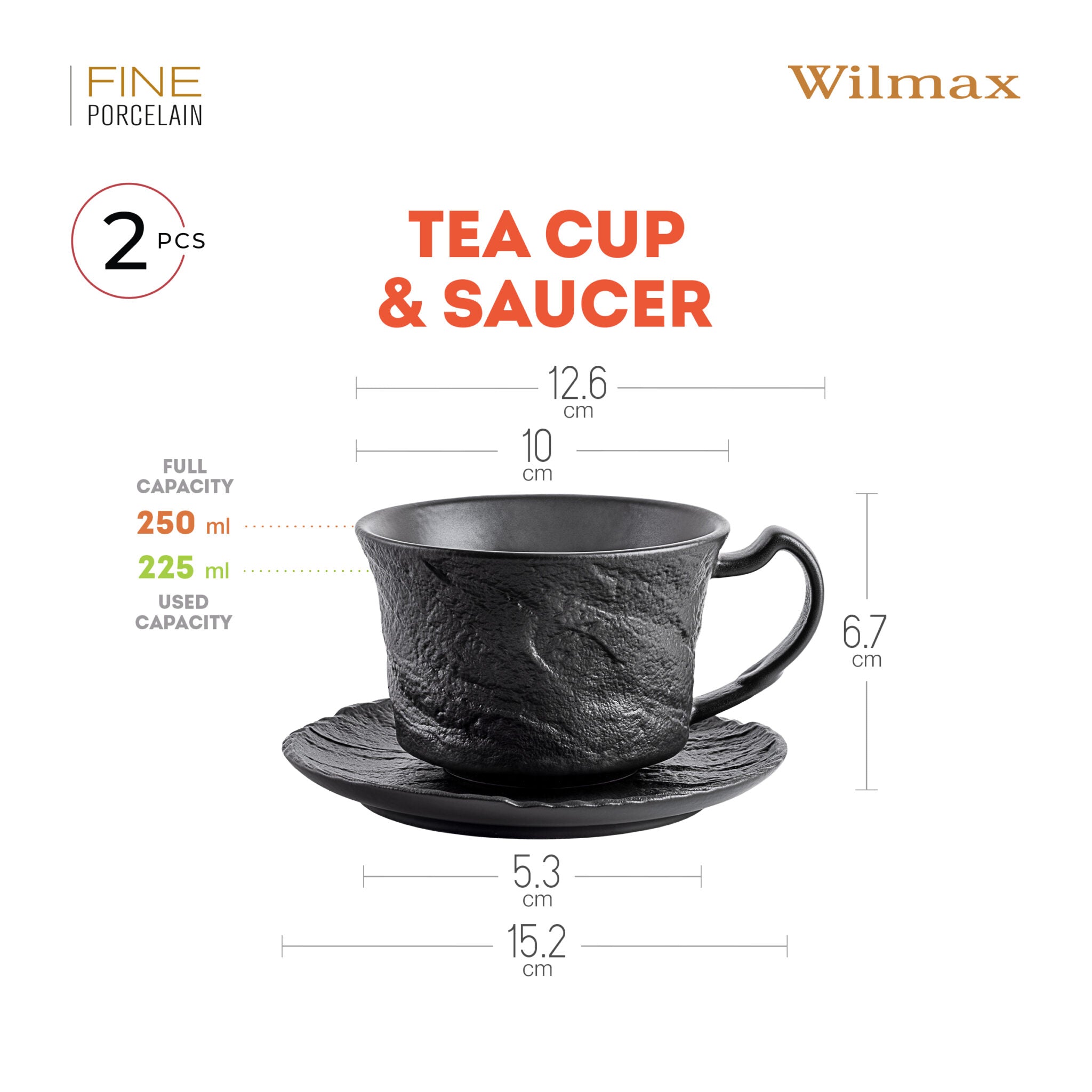 Wilmax Tasse mit Untertasse 250 ml Schwarz aus Porzellan
