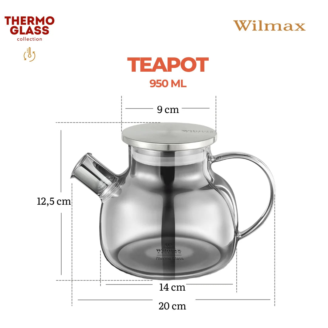 Wilmax Teekanne 950 ml mit Federfilter und mit Edelstahldeckel Grau aus Thermoglas