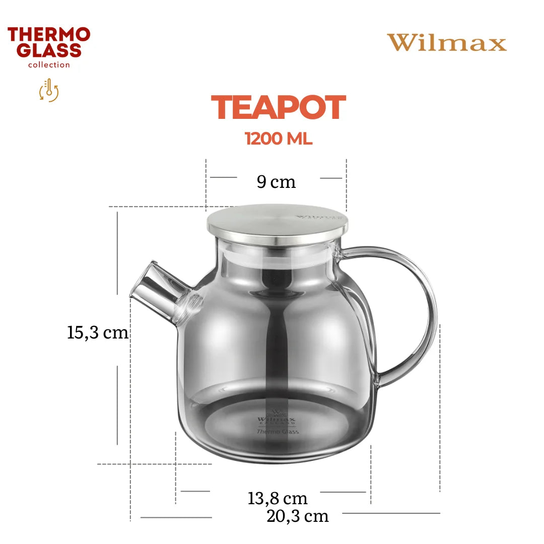 Wilmax Teekanne 1200 ml mit Federfilter und mit Edelstahldeckel Grau aus Thermoglas