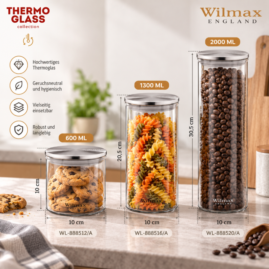Wilmax Vorratsglas mit Edelstahldeckel 3er-Set