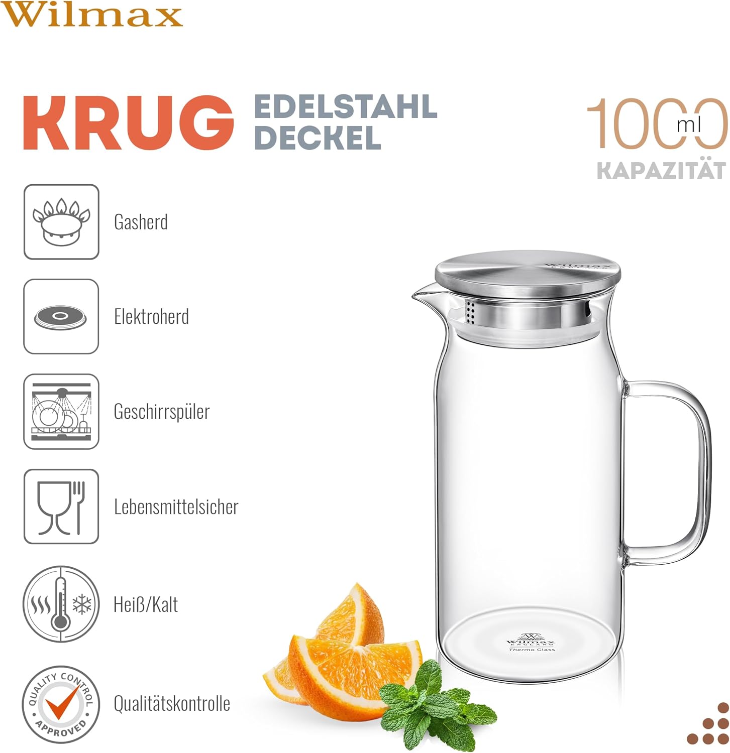 Wilmax Krug 1000 ml mit Edelstahldeckel Transparent aus Thermoglas