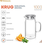 Wilmax Krug 1000 ml mit Edelstahldeckel Transparent aus Thermoglas