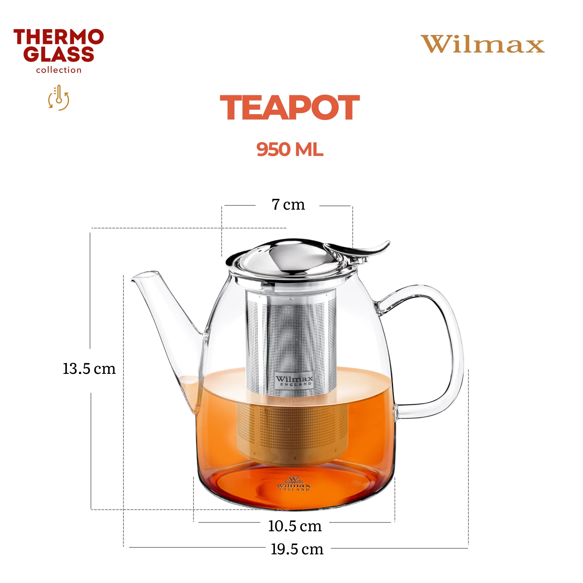 Wilmax Teekanne 950 ml mit Edelstahlfilter Transparent aus Thermoglas