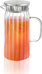 Wilmax Getränkeset 7-teilig mit Krug 1000 ml mit Edelstahldeckel und 6 hitzebeständige Glasbecher mit Henkel 300 ml aus Glas