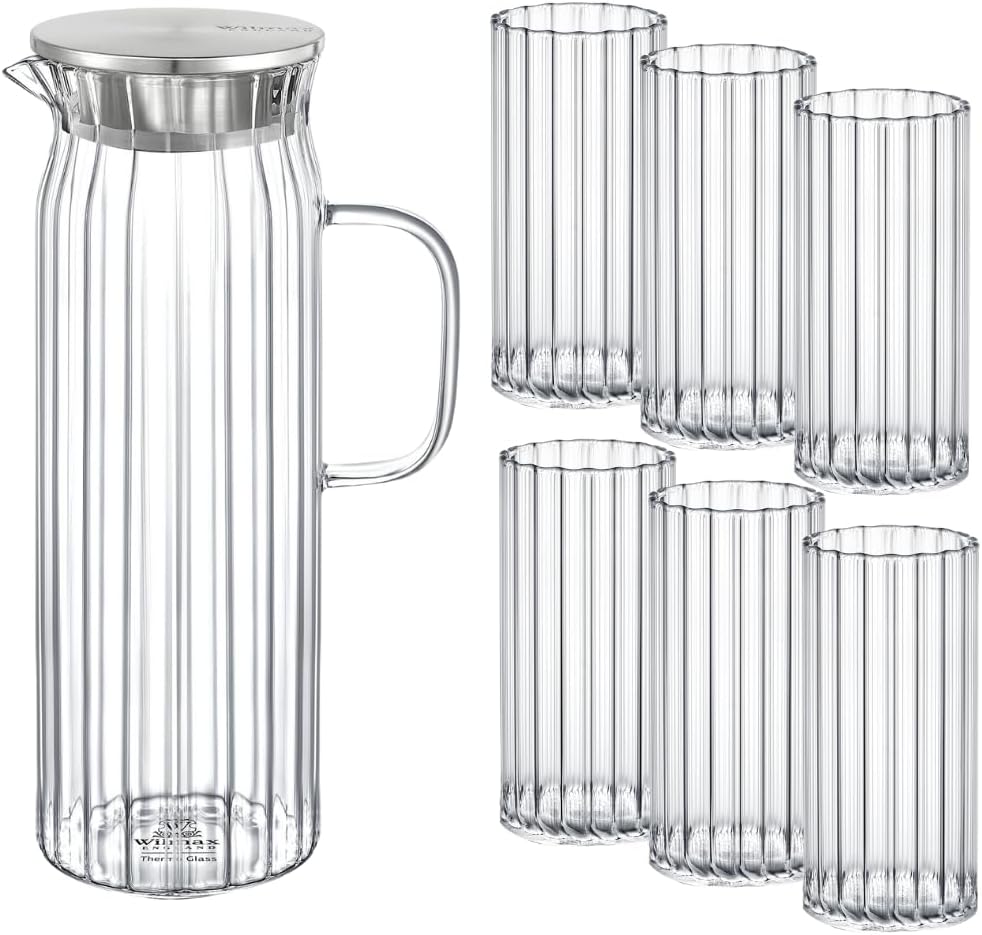 Wilmax Getränkeset 7-teilig mit Krug 1500 ml mit Edelstahldeckel und 6 geriffelte Gläser 300 ml