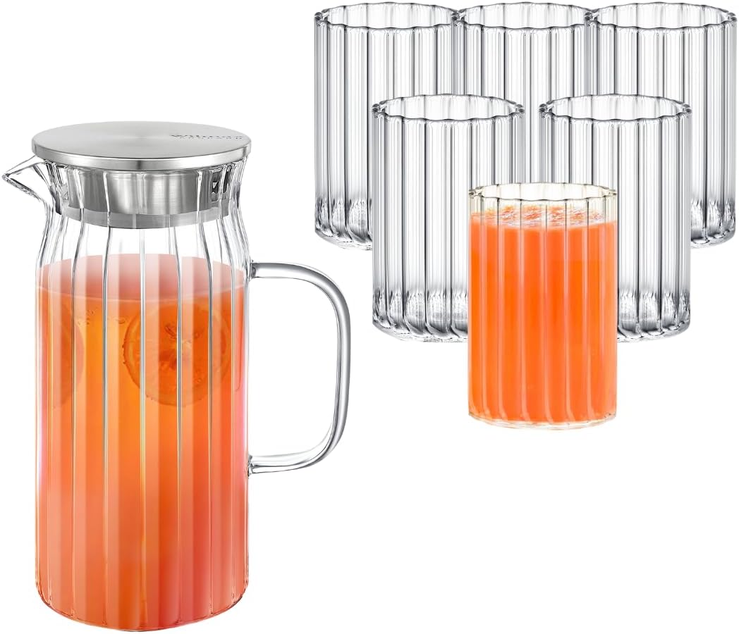 Wilmax Getränkeset 7-teilig mit Krug 1000 ml mit Edelstahldeckel und 6 geriffelte Gläser 200 ml
