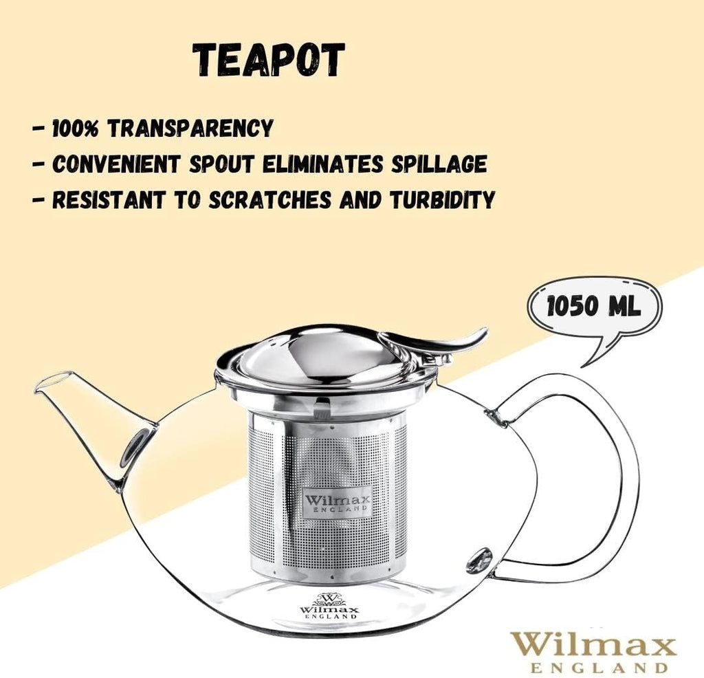 Wilmax Teekanne 1050 ml Borosilikatglas Edelstahlfilter WL-888805/A