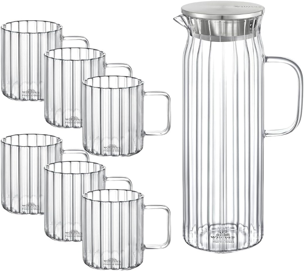 Wilmax Getränkeset 7-teilig mit Krug 1500 ml mit Edelstahldeckel und 6 hitzebeständige Glasbecher mit Henkel 400 ml aus Glas
