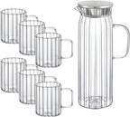 Wilmax Getränkeset 7-teilig mit Krug 1500 ml mit Edelstahldeckel und 6 hitzebeständige Glasbecher mit Henkel 400 ml aus Glas
