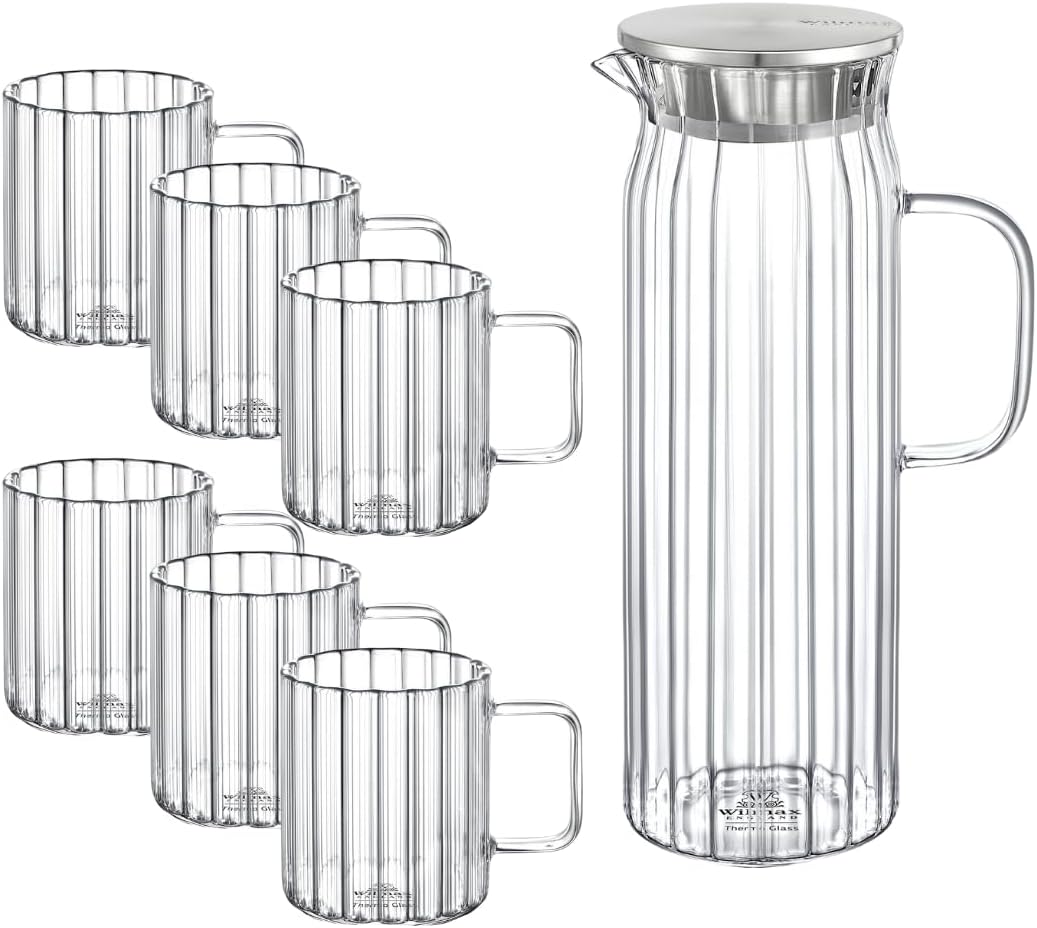 Wilmax Getränkeset 7-teilig mit Krug 1500 ml mit Edelstahldeckel und 6 hitzebeständige Glasbecher mit Henkel 400 ml aus Glas