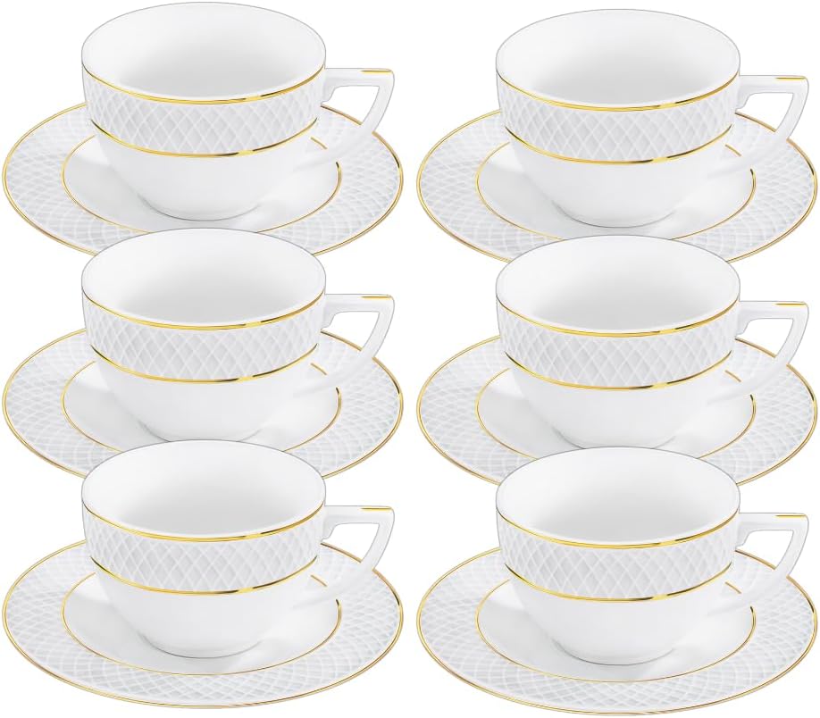 Wilmax Kaffeetasse mit Untertasse 90 ml 6er-Set Weiß mit goldfarbenem Dekor aus Porzellan