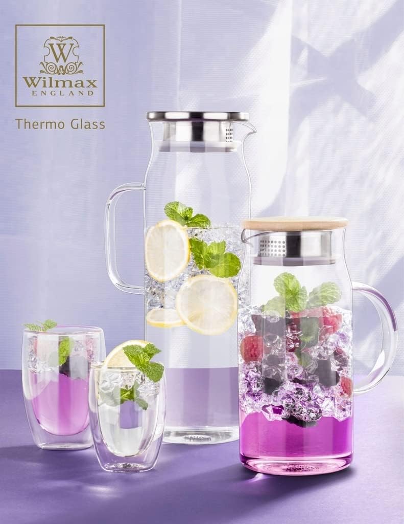 Wilmax | Glaskaraffe mit Deckel aus Edelstahl | 1500ml | Karaffe für Heiß- oder Kaltgetränke | Wasserkaraffe aus Borosilikatglas | Glaskrug für Tee, Saft, Milch | Glaskanne | Wasserkrug