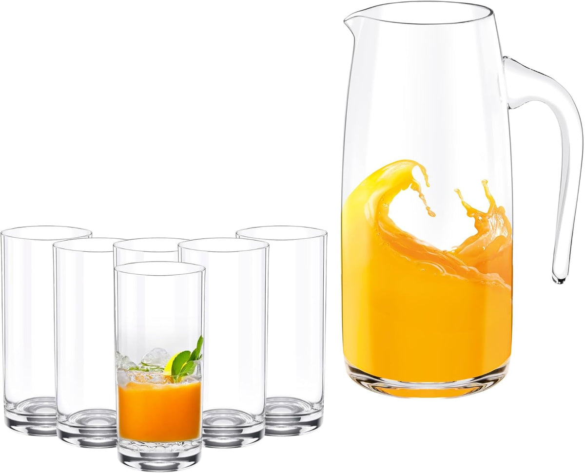 Wilmax Getränkeset 7-teilig mit Krug 1000 ml Transparent aus Crystalline-Glas und 6 Longdrinkgläser 390 ml Transparent aus Crystalline-Glas