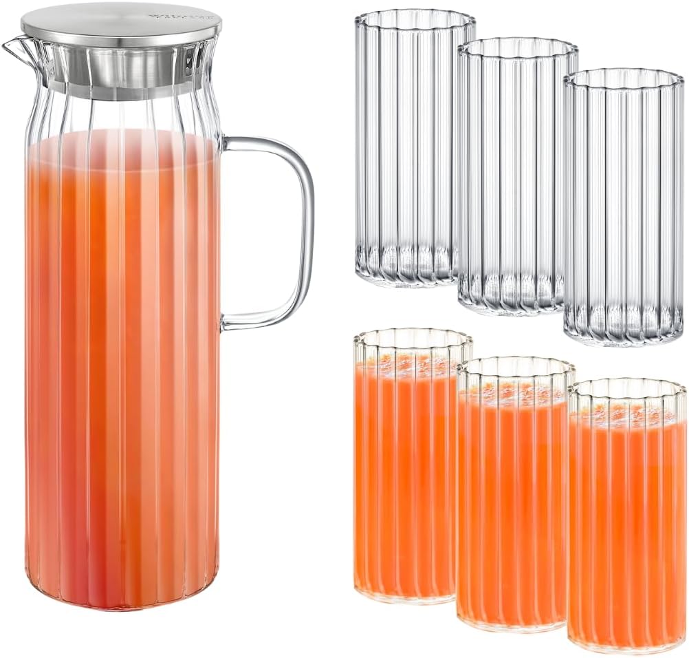 Wilmax Getränkeset 7-teilig mit Krug 1500 ml mit Edelstahldeckel und 6 geriffelte Gläser 300 ml