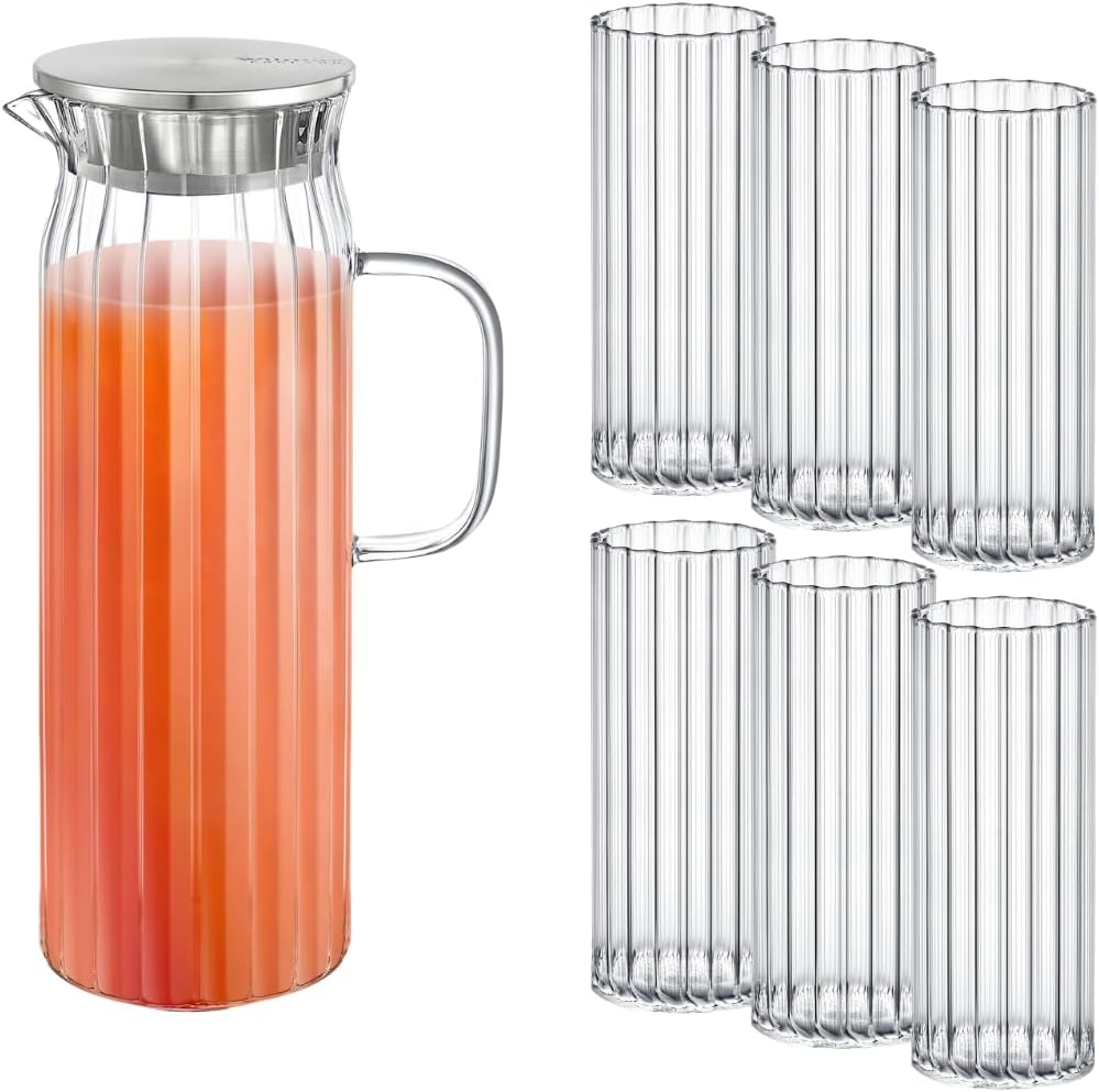 Wilmax Getränkeset 7-teilig mit Krug 1500 ml mit Edelstahldeckel und 6 Gläser 350 ml