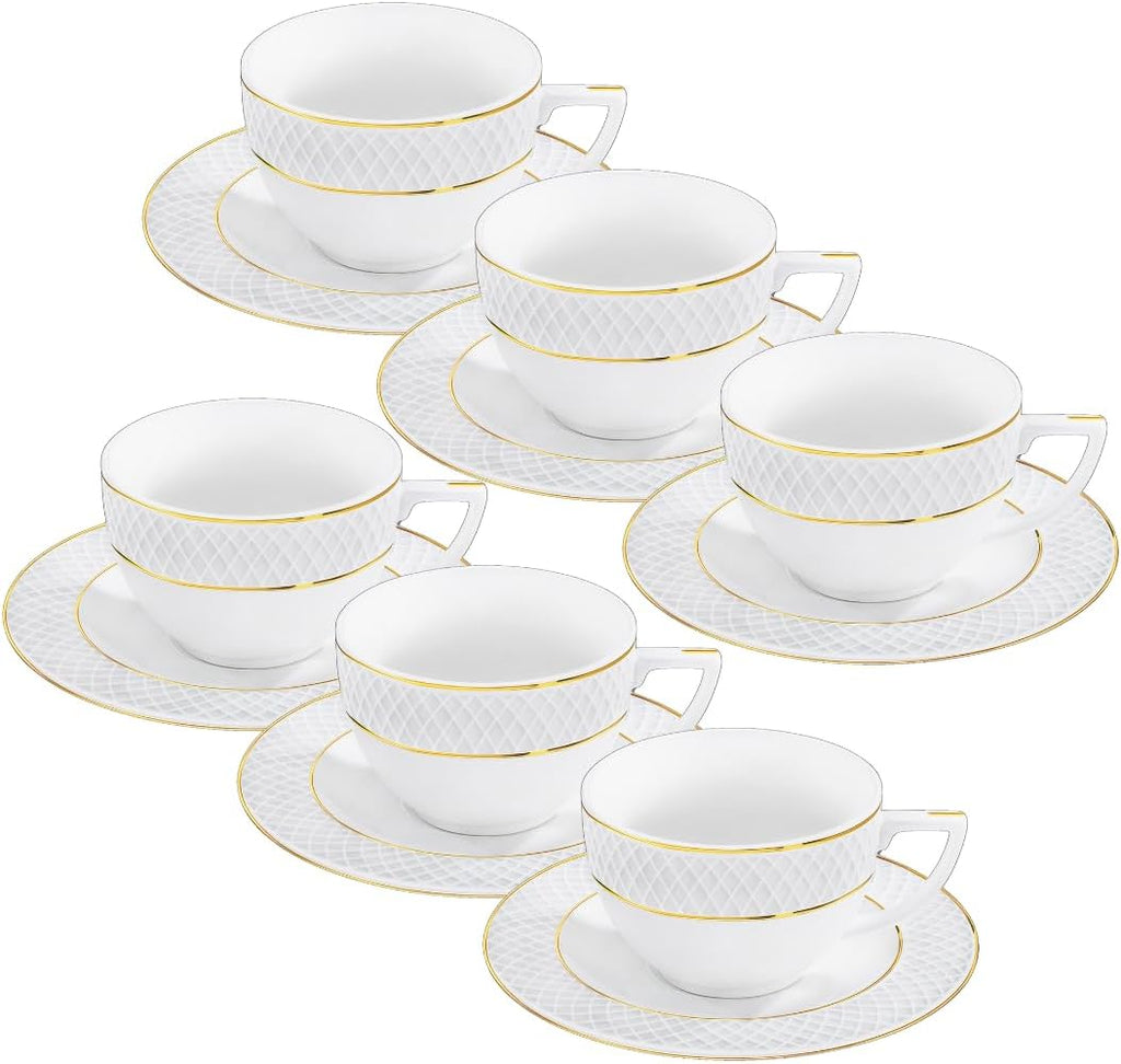 Wilmax Teetasse mit Untertasse 240 ml Weiß Goldrand Porzellan 6er Set WL-880102404/AB6